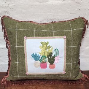 Green Throw Pillow with Cactus Embroidery Handmade Hand Designed